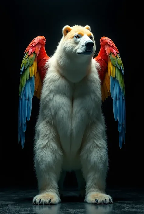 "Imagine a stunning cinematic scene where a hybrid animal, blending the features of a polar bear and a parrot, stands in the center. This creature has the towering, powerful body of a polar bear, its thick, white fur glowing softly under dramatic lighting....