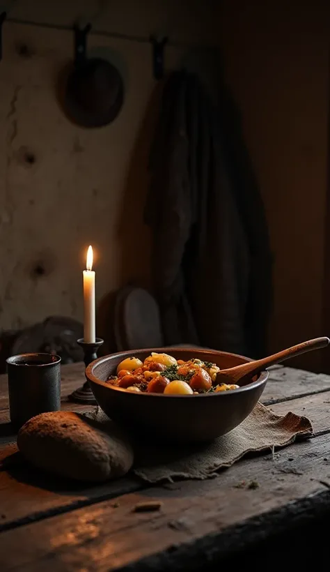 The camera focuses on a rough wooden table in the dimly lit farmhouse. A single candle flickers in an iron holder, casting long shadows on the cracked wooden walls. A wooden bowl filled with thick stew (potatoes, root vegetables, and some meat) sits in fro...