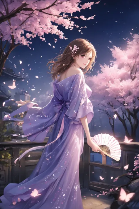 A forest of weeping cherry blossoms shines like a quiet atmosphere at night、One young beautiful woman illuminated by the full moon、A big smile、 supple and curved proportions、 holding a dance fan in her right hand 、 sexy feet 、 Anatomically Accurate Hands 、...