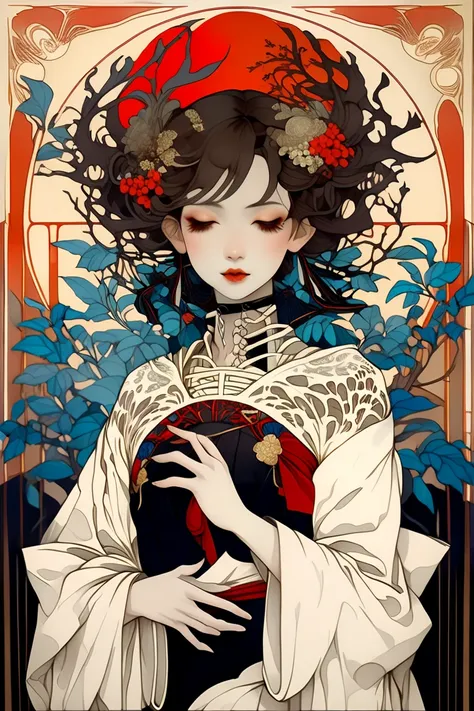 Black and white line art print style,  hair ornament , Half naked,  kimono,  red lips, band ,  Dim Atmosphere  , Skeleton,  Takato Yamamoto style, Multi-layer paper cutout style、Representation of depth with a layered structure 、Mucha-style frame、Art Nouvea...