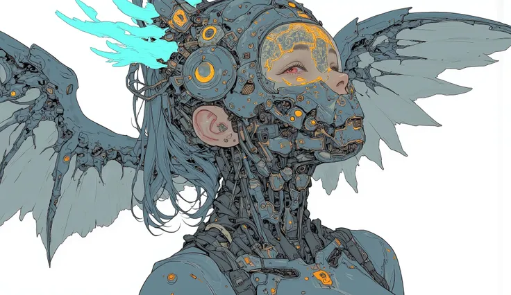 facing up、from side、 model woman with big wings 、It has very big wings, mechanical valkyrie girl, Female Mecha, Mecha Cyber Armored Girl , Aoshima Chiho Color Scheme , Armor with Angle Wings , Sharp details, ACTION FIGURE MECHA , by Maciej Kuciara ...