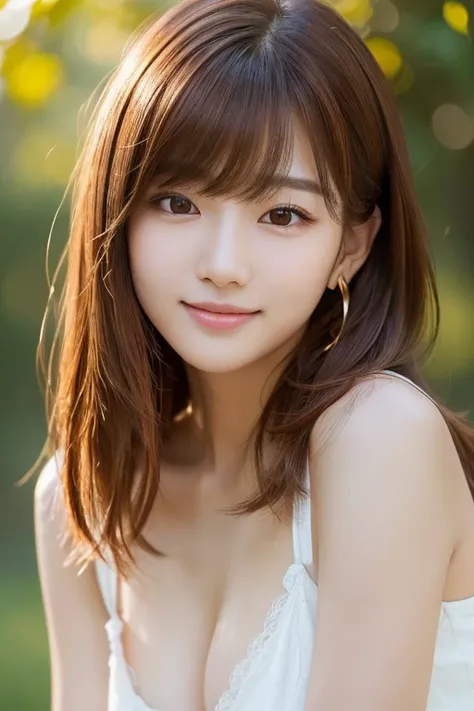 1 girl, Very bright backlight, alone, {Beautiful and exquisite}, Autumn Morning, Large Breasts, Calm expression, Natural and soft light, Delicate facial features, Blunt bangs, Beautiful Korean Girl, smile in the eyes, Very small earrings, 20 years old, ((M...