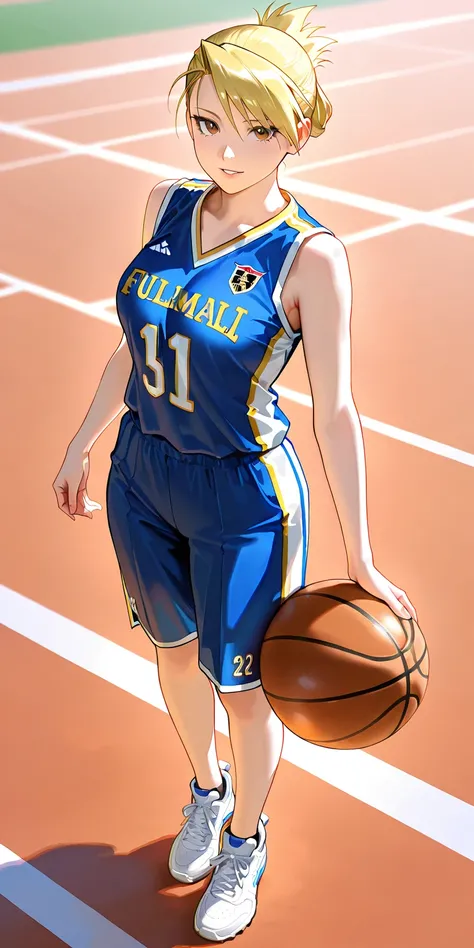 Masterpiece, newest, vibrant, very aesthetic, high contrast, mature woman, riza hawkeye, high ponytail short hair, yellow thight basketball team shirt uniform, yellow thight basketball team short pants uniform, white sneakers, medium breast, full body, par...