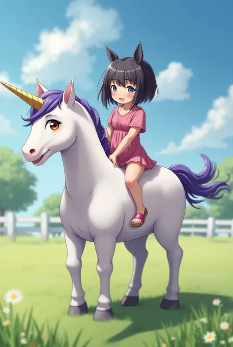 Short Bob Girl Rides Cute Unicorn Unicorn, High Definition, Realistic Gaze,  black hair,  Hi-Res,  top quality,  high quality model, 