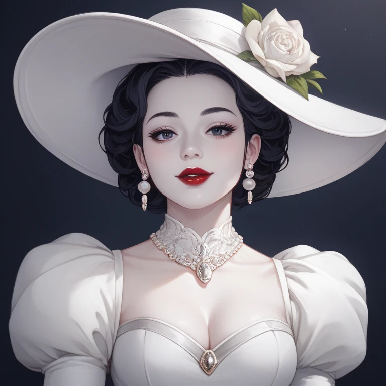 arafed woman in a white hat and dress with a red lip, pale porcelain white skin, guweiz, guweiz masterpiece, artwork in the style of guweiz, soft portrait shot 8 k, pale young ghost girl, porcelain white skin, by Russell Dongjun Lu, pale milky white porcel...