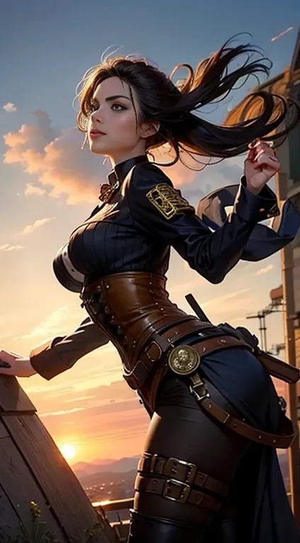 Beautiful woman dressed as a steampunk inventor, unexpected angle , dynamics,  movement, couple, wind