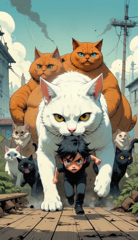 , a cartoon of a very small man in a big world , Black hair and black shirt, , running away with fear ,  with tears and sweat . After the little man , A big white female cat jumps on him. , another mother who is bigger than a white cat ,  fat orange cats ,...