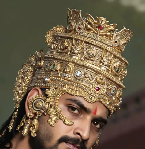 A majestic South Indian warrior-king adorned with an opulent golden crown, designed like a towering temple gopuram. The crown features intricate layers of gold filigree, adorned with detailed carvings of mythical creatures, divine motifs, and sacred symbol...