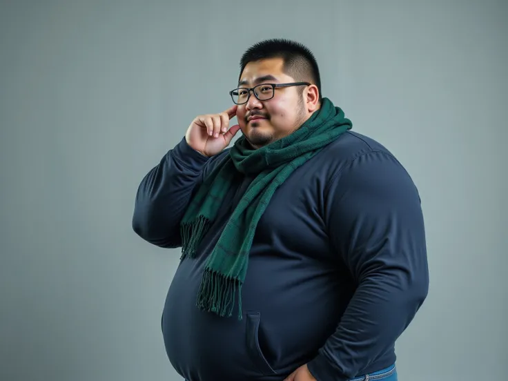 Male, Japanese, glasses, shy smile, fat, obese, 20 years old, short straight hair, dark blue hoodie, green plaid scarf wrapped around his neck, jeans, scratching his nose with his index finger, looking diagonally, face towards me, stylish studio room, live...