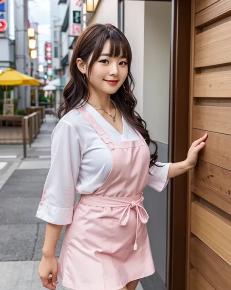  (nationality:1.1) Japanese woman、(age:1.3) Age 35、( Detailsな服装:1.2) shirt、 tight skirt、 apron、( Accessories:1.1) necklace、( facial features :1.3) slit eyes、 red lipstick、( Emoji:1.2)smile、(Body Type:1.1) plump 、( pose :1.2)whole body、Taoyaka 、 ( Detailsな髪...