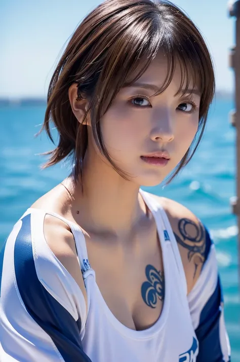  Sports、 volleyball player、 high quality,超 Hi-Res,、1 person,whole body、Shiny brown hair,(8k, 4K、最 high quality,  Hi-Res, 超 Hi-Res:1.1)、 Reveals Cleavage、 tattoo on arm、Short Bomb Hair、Cool Look, staring at the camera, beautiful skin、Tight and flashy outfit...