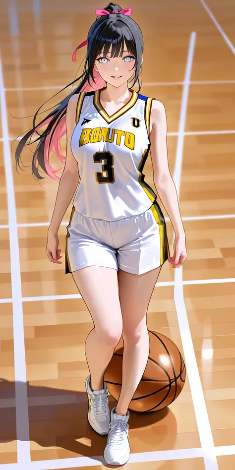 Masterpiece, newest, vibrant, very aesthetic, high contrast, mature woman, hinata hyuga, black hair, pony hair, straight hair, high ponytail long hair, pink hair ribbon, white eyes, yellow thight basketball team uniform, yellow thight basketball team short...