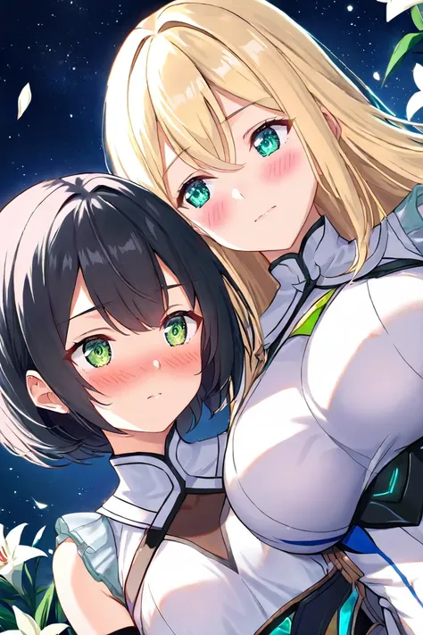  2 girls fighting back、Deep Kiss、 blush、 long hair、 blond hair、chest、Big Breasts、 green eyes、 Dutch Angle、 green eyes、 black hair、Aqua Eyes、 small tits、Short Hair、lily、 Under the Starry Sky