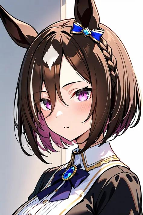 umamusume, 1girl, solo, horse ears, bob cut, black brown hair, two-tone hair, gradient inner hair, (left-parted hair), left-forehead, hairline, asymmetrical bangs, (white streaked bangs between eyes), hair between eyes, left swept bangs, braided on both si...