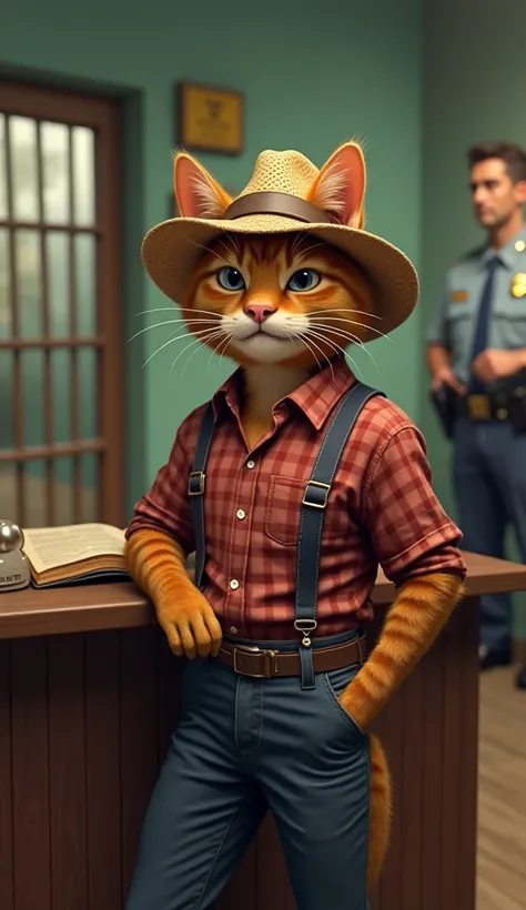 " An anthropomorphic cat wearing caipira clothes inside a police station , looking like he wants to be arrested .  He wears a plaid shirt ,  he wears jeans with suspenders and a straw hat .  His expression is smart and determined as he leaned on the police...