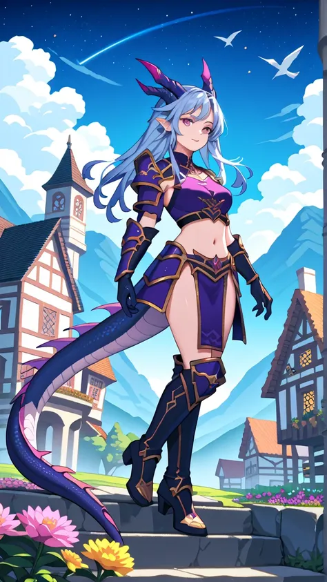 3 Humanoid Dragon girls in 1 image, different hairstyles and hair colour, 1 dragon girl with light element in golden armor, 1 dragon girl with dark element in dark blue armor, and 1 dragon girl with cosmic element in purple armor, dragon tails, sexy dragon...