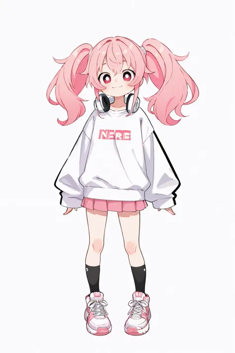  one girl、 full body standing picture 、 pink hair、Shoulder-length, thin, straight twin tails、White sweatshirt、 pink skirt、Black socks、 pink thick soled sneakers、white headphones around the neck、Wide Eyes、Eye color is pink、 innocent smile、 has a white backg...