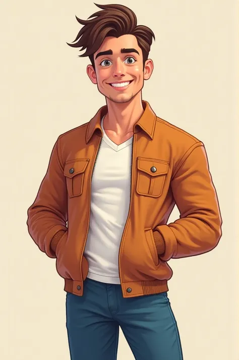 2d man,  brown hair,  gray eyes, flirty,  smiling,  full body 