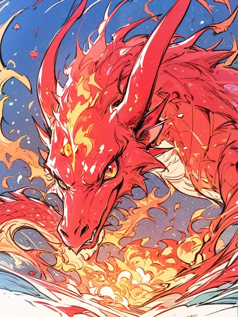 High Resolution, Masterpiece, Best Quality, use the dragon as a reference, create a portrait of the red dragon in that picture, zoom in, head portrait, fire spark, Mystical Creature, soft line, no human characters, bright sky,male