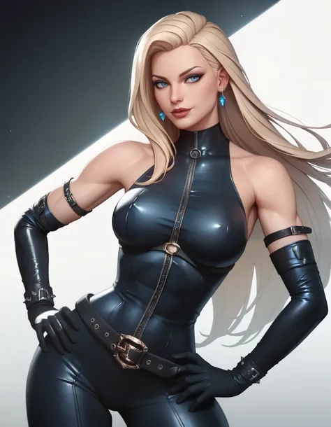 female black sleeveless latex bodysuit with belt, black belt, racerback, bare shoulders, long gloves, black gloves, toned arms, tall, beautiful faces, light blonde long hair, earrings, black earrings, soft smooth skin, pale skin, white background, blue eye...