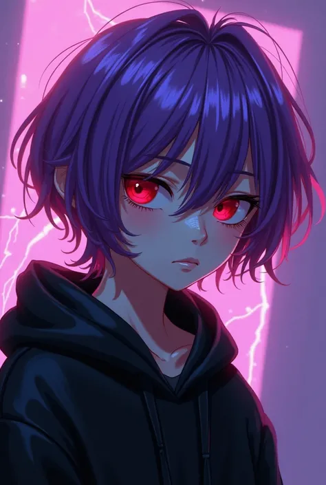 I'm wearing a black hoodie, Male Live 2D character with purple hair,Light lightning-shaped gradation on the head, Dark circles are severe,Decadent Beauty,  round face, The color of the eyes is red, 