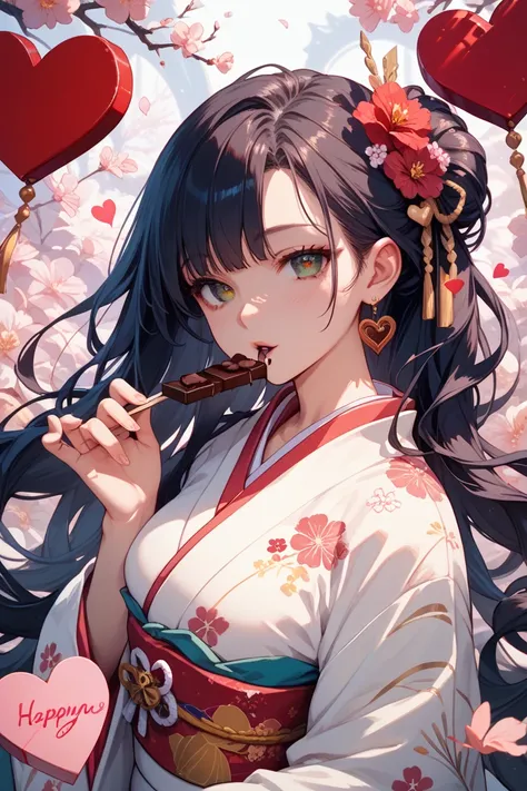  Valentine's Day,A group of 2 people gnawing chocolate,Lots of hearts,Glossy flowing eyes, anime, kimono