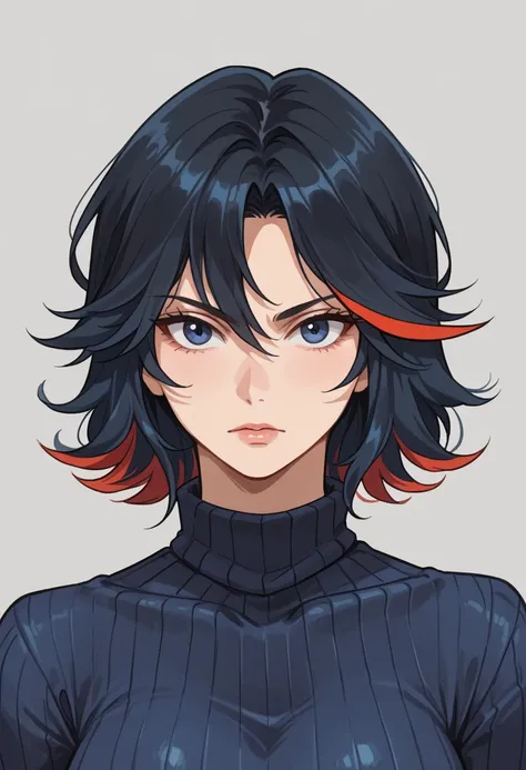 cabelo natck, score_9, score_7_above, 1 ,  alone,  black hair,  ribbed sweater, fundo gradiente, gray background, portrait,  looking at the viewer, Ryuuko clothing 