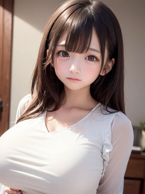 (best quality, masterpiece, high resolution, high detailed), 1girl (cute, sweet, neat, innocent, ephemeral, spiritual, sacred), face ((baby face, tearful, sobbing)), eyes ((drooping, lovely, round, drooping)), { ((pale eyes, pale skin)), ((mons pubis, deta...