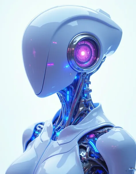 "Create a futuristic bio-mechanical figure that blends organic and cybernetic features. The character should have an enigmatic presence, showcasing a fusion of technology and identity, with glowing elements and a minimalist yet striking silhouette. Their h...