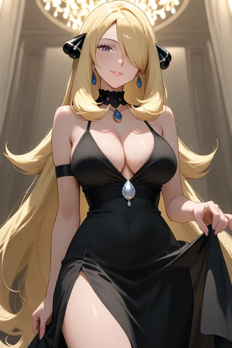 Cynthia from the anime Pokémon Super Pretty, wearing a very elegant black dress with side slits 