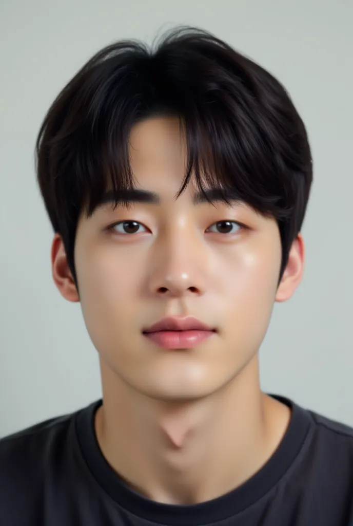 A young man with black hair styled in an upwards fringe hairstyle, slightly spiky and textured with a length of about 5 cm. He has an oval-shaped face with a clean, sharp jawline and soft, balanced facial features. His skin is smooth and clear with a natur...