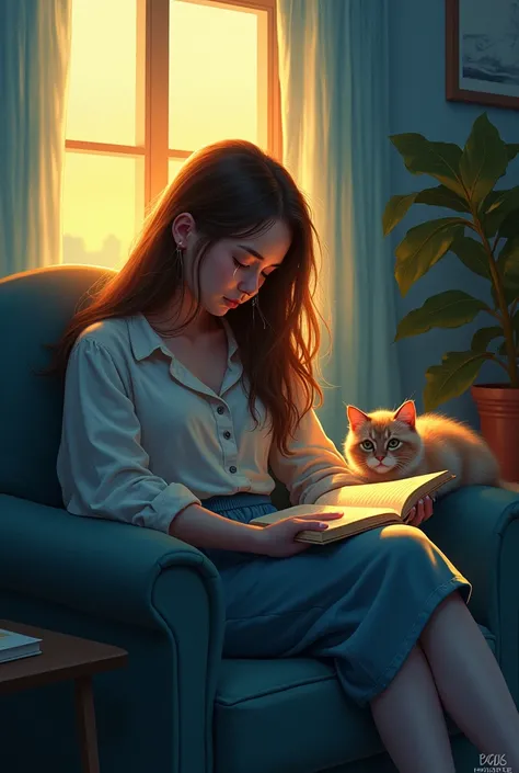 " An impressionist-style digital painting ,  depicting a cozy room in shades of blue and yellow .  a young woman ,  socks with long brown hair, Are you sitting in an armchair,  with an open book in its lap and tears streaming down its face.  on its side, a...