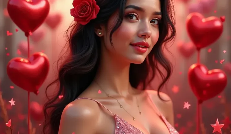  3D social media post screen,  a realistic Latino woman .  directly into the audience ,  emerged from the post  ,   3D heart shaped metal balloon and 3D heart , background,  The Valentine's Day theme  "