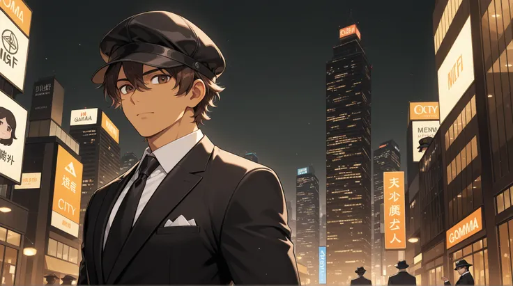  black suit , brown garma,  brown eyes, black mafia hat,  city background, man