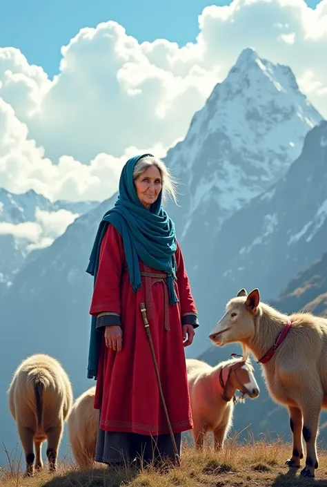 A 60-year-old woman wearing a red abaya and a blue hijab with blonde hair is grazing goats at the top of a tall mountain with a big dog next to her and the sky is full of clouds