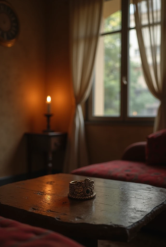 small room in a building in Vallecas with a Pandora's ring on the table ( THAT CAN BE SEEN UP CLOSE )
