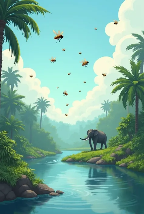 Prompt: "The bees, unable to find the elephant, start flying away toward the jungle. The sky is clear, and the river looks calm again. Some bees are disappearing into the distance, while a few still hover around, looking lost."