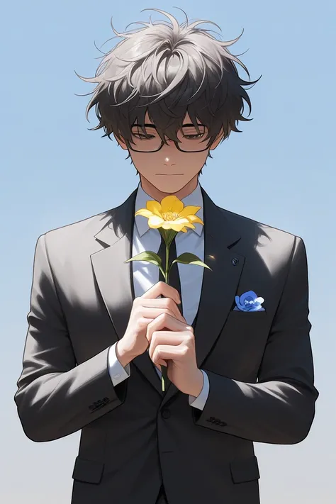 Best quality, amazing quality, 1boy, Messy hair, suit, glasses,holding flower, giving flower, front view