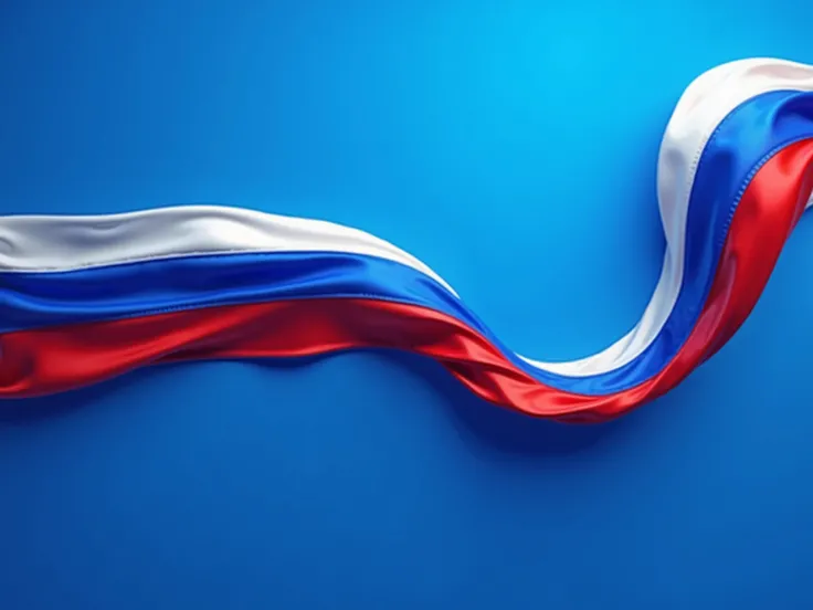 Curved ribbon in the colors of the Russian flag (white, blue,  red)  sign on a blue background 