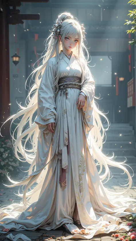  A Girl Alone ，Very Long Hair ， is a traditional white kimono， Surrounded by Fragrance ，Background details， Deep Effect Bright ，Very high quality， Latest Style Masterpiece 