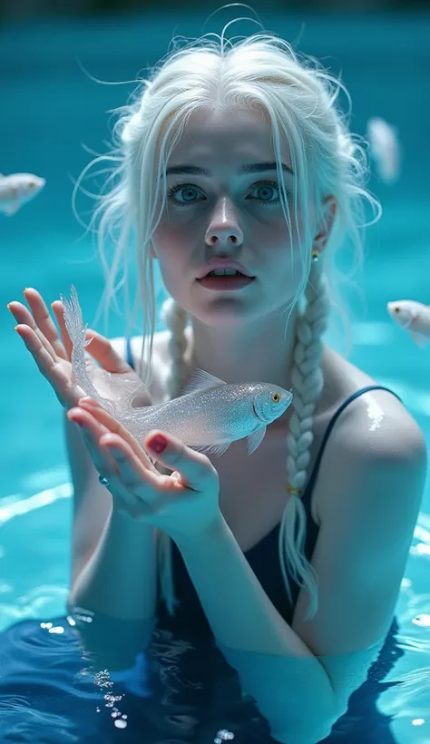  Young woman with extremely white skin , about 20 years old,  with white hair braids ,  sitting in translucent blue waters .   She has detailed makeup , in light blue tones .  clothing style " dressed ",  dark blue,  sleeveless , 
  with soft and fluid tex...