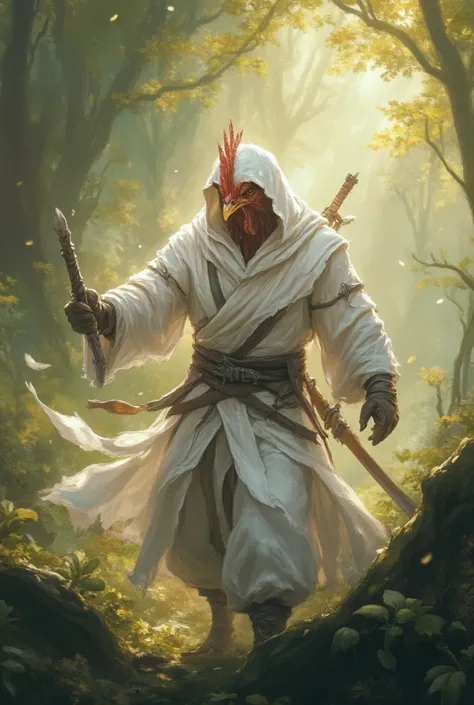 chicken dressed like a ninja,  masterpiece,  best quality , Super Detail,an epic,4K, Forest,  In fantasy art style ,  cinematic light ,  ultra detailed ,  8k resolution .white clothes,Cute chicken,white hood