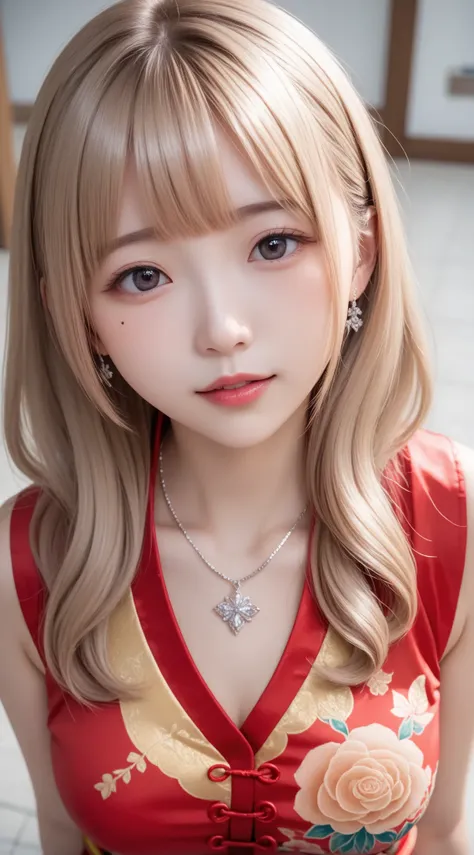 ((詳細で realistic中華街、 girl in red Chinese clothes 、With slits、 red pumps 、 Detailed Blonde Medium Hair、 straight hair 、 seventy-three minutes of bangs、[[Too long hair]]、 dark eyes、Detailed, thin eyebrows 、Detailed and beautiful eyes and nose 、A mole on the o...