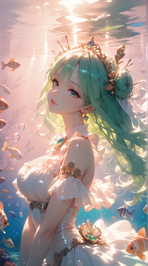 shiny skin,  girl, glowing green hair, Nice bust size ,   cropped , Only covers the chest,  underwater , colorful corals in the background,  small fishes , Delphine,  underwater , Sun rays that shine through the water surface, UHD,  masterpiece,  best qual...