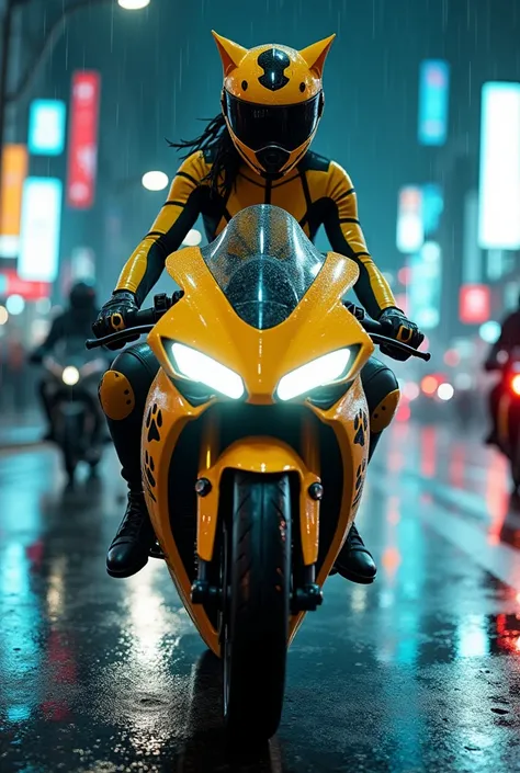 A futuristic cyberpunk female biker with cat-like ears and a glowing bodysuit, riding a sleek yellow sportbike with neon paw print decals. The setting is a rainy, neon-lit city street at night, with motion blur and reflections on the wet pavement. Other ri...