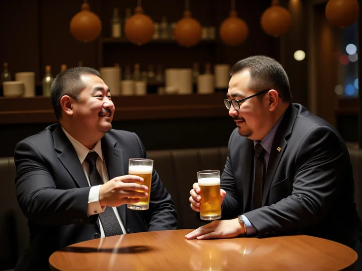 This is a real photo. Smiling, two men are sitting opposite each other. A high class restaurant at night. round table. looking at each other. They both hold beer glasses in one hand. Both are Japanese. Fat, obese, first man with romance gray hair, 60 years...