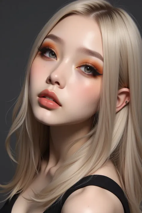 Beautiful Japanese Gyuru Girl , 1 female, 상세하고  realistic 얼굴,  beautiful, detailed eyes ,  beautiful, detailed lips ,  long lashes,  blonde straight long hair ,  minimal accessories ,  dark mascara,  orange eyeshadow ,  Dramatic Full Face Makeup, photograp...