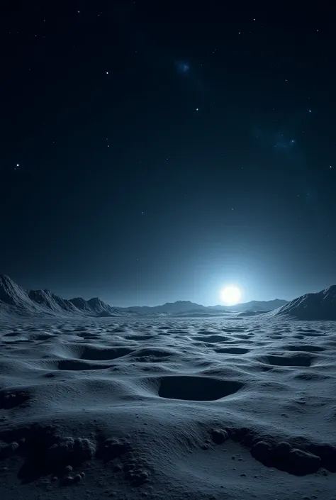 cinematic and mysterious video of the moon's surface, completely empty with no humans, animals, or life. The landscape is vast, covered in lunar dust, deep craters, and sharp mountain ridges. The sky is filled with countless glowing stars, distant galaxies...