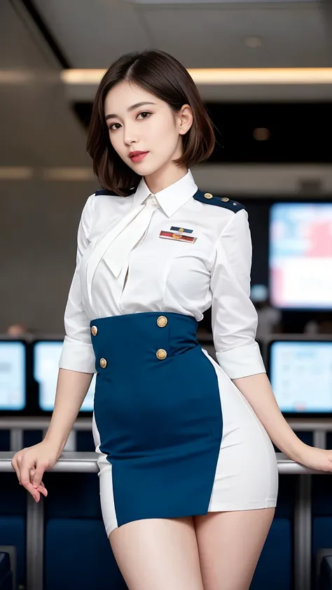 masterpiece, high-detail, the most pornographic airline stewardess in the world, ((pornographic)), in air hostess costume, brunette short hair, bob hairstyle, legs, ((( medium Breasts 1.9))) thick thighs,wide hips, Air hostess dress, slim body, smile lips,...