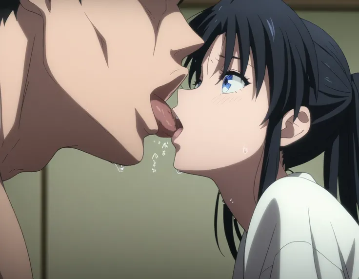 (Kaoru Kamiya),   blue eyes,    black hair,  score_9,  score_8_ up,  score_7_ up,  score_6_ up,  score_5_ up,  score_4_ up,   source_Anime, Anime screencap, Anime coloring,,,, nsfw:1.8, vagina　penis, {{kiss, (    adds sound effects    ), (   adds a trembli...